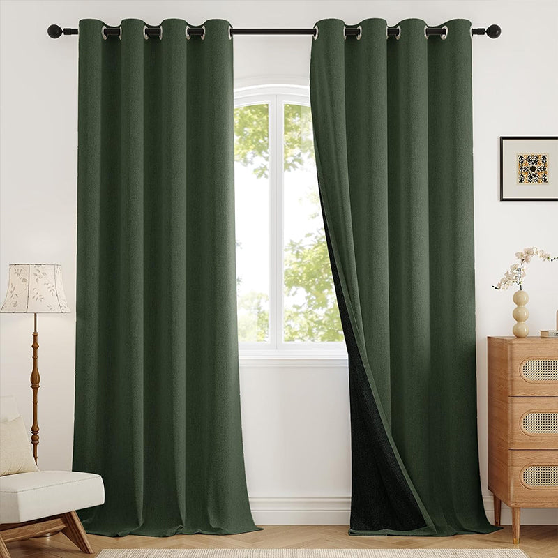 WEICH Luxury Blackout Curtains | Elegant Silk Linen Drapes | Moss Green