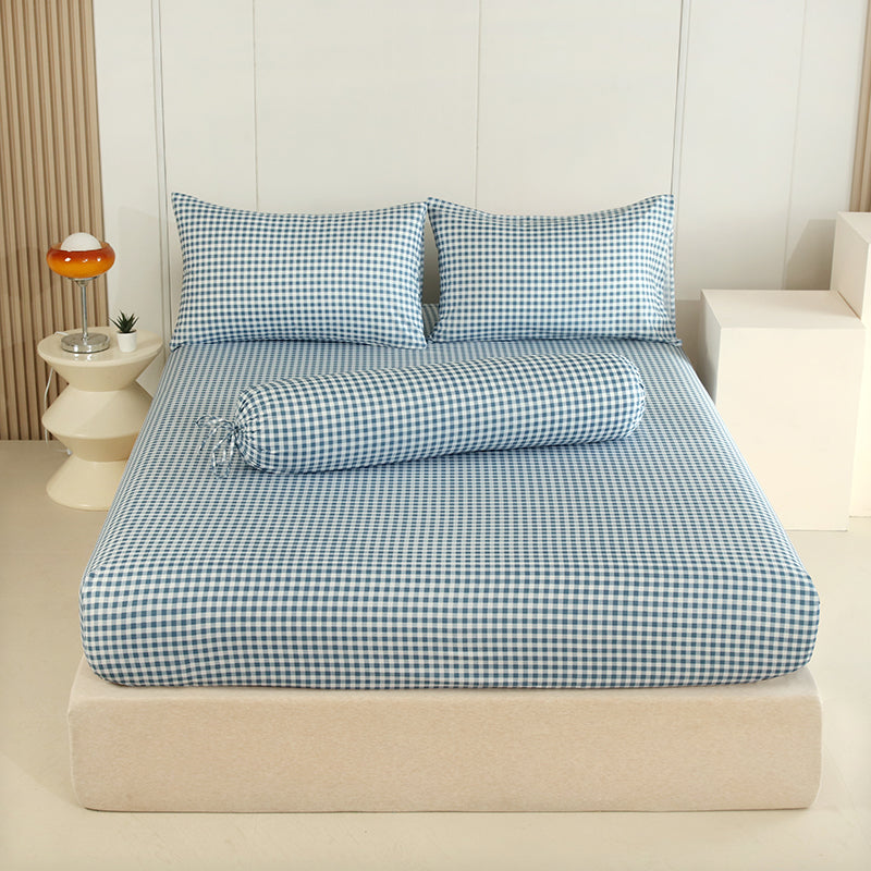 WEICH Fitted Bedsheet Set| Plaid Pattern | 100% Cotton | Checkered Blue