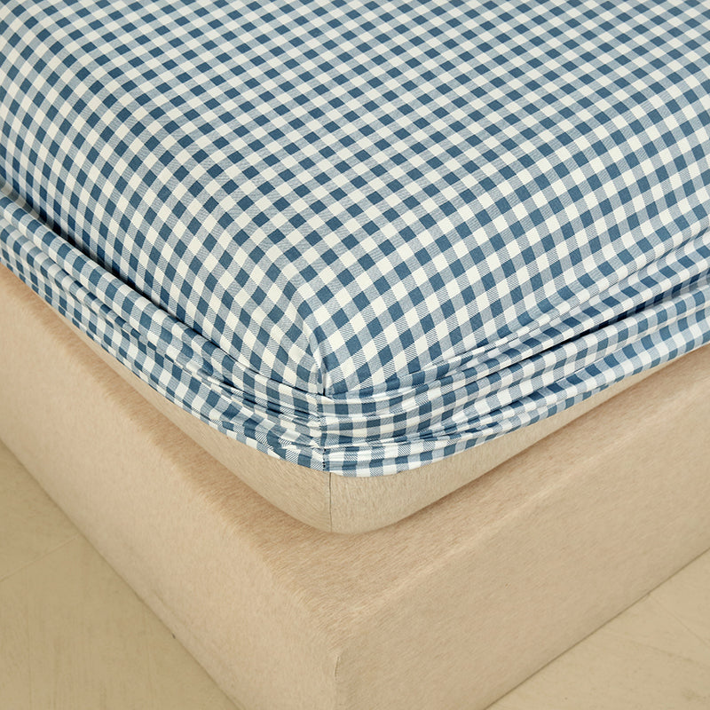 WEICH Fitted Bedsheet Set| Plaid Pattern | 100% Cotton | Checkered Blue