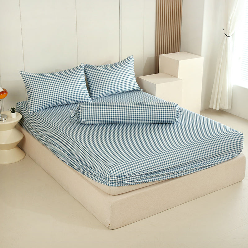 WEICH Fitted Bedsheet Set| Plaid Pattern | 100% Cotton | Checkered Blue