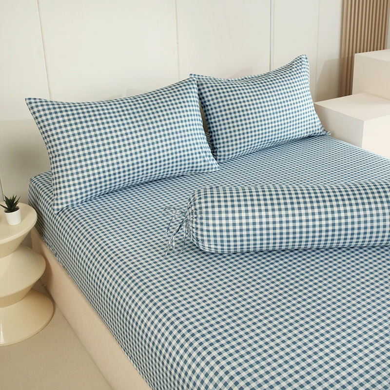 WEICH Fitted Bedsheet Set| Plaid Pattern | 100% Cotton | Checkered Blue