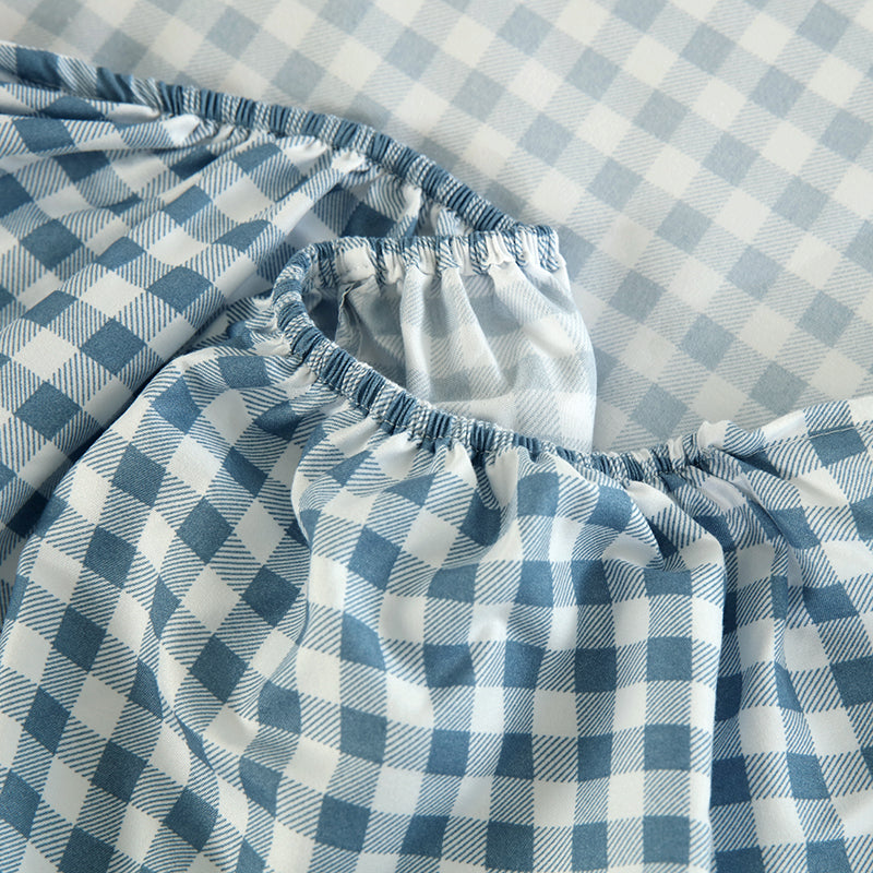 WEICH Fitted Bedsheet Set| Plaid Pattern | 100% Cotton | Checkered Blue