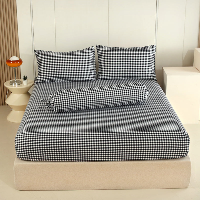 WEICH Fitted Bedsheet Set| Plaid Pattern | 100% Cotton | Checkered Black