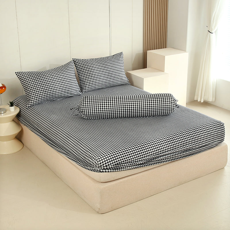 WEICH Fitted Bedsheet Set| Plaid Pattern | 100% Cotton | Checkered Black