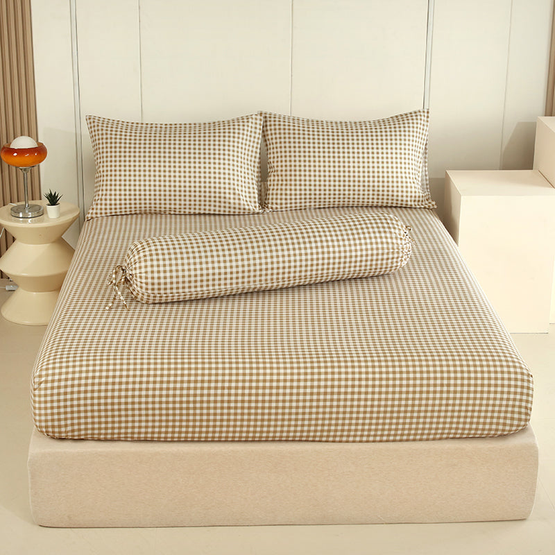 WEICH Fitted Bedsheet Set| Plaid Pattern | 100% Cotton | Checkered Brown