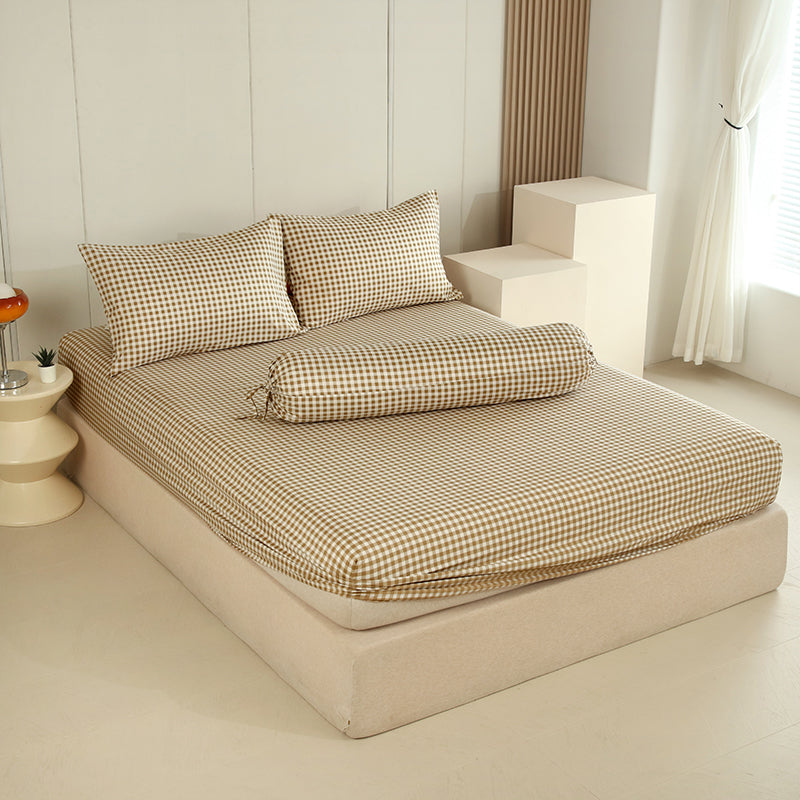 WEICH Fitted Bedsheet Set| Plaid Pattern | 100% Cotton | Checkered Brown