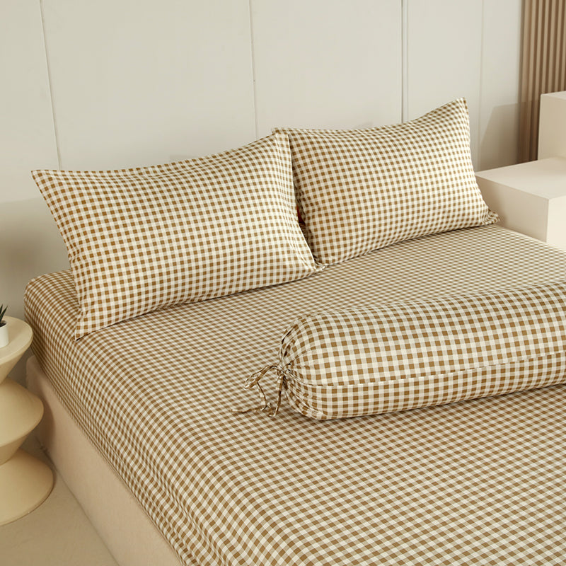 WEICH Fitted Bedsheet Set| Plaid Pattern | 100% Cotton | Checkered Brown