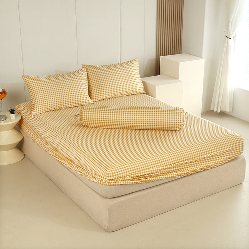WEICH Fitted Bedsheet Set| Plaid Pattern | 100% Cotton | Checkered Yellow