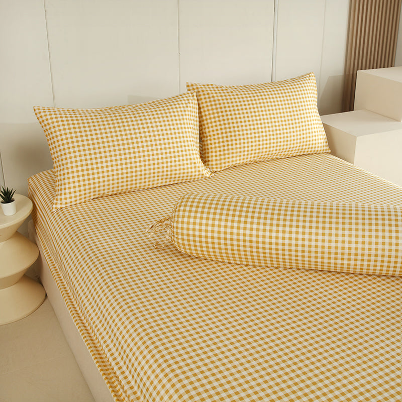 WEICH Fitted Bedsheet Set| Plaid Pattern | 100% Cotton | Checkered Yellow