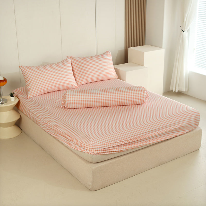 WEICH Fitted Bedsheet Set| Plaid Pattern | 100% Cotton | Checkered Pink