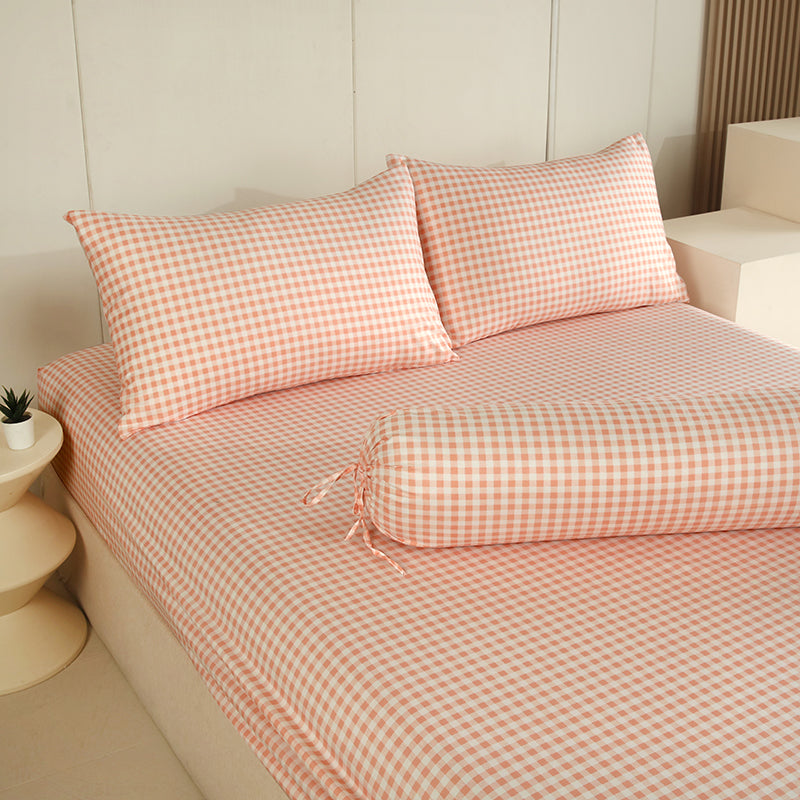 WEICH Fitted Bedsheet Set| Plaid Pattern | 100% Cotton | Checkered Pink