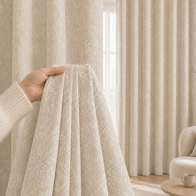 WEICH Full Blackout Jacquard Curtains | Premium Silk Linen Panels | Bedroom Living Room | Cream Latte