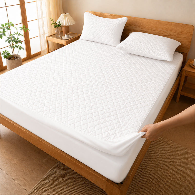 Weich Waterproof Quilted Mattress Protector | Deep Pocket Fitted Bed Cover | Soft & Breathable | White & Grey | Single / Super Single / Queen / King | White