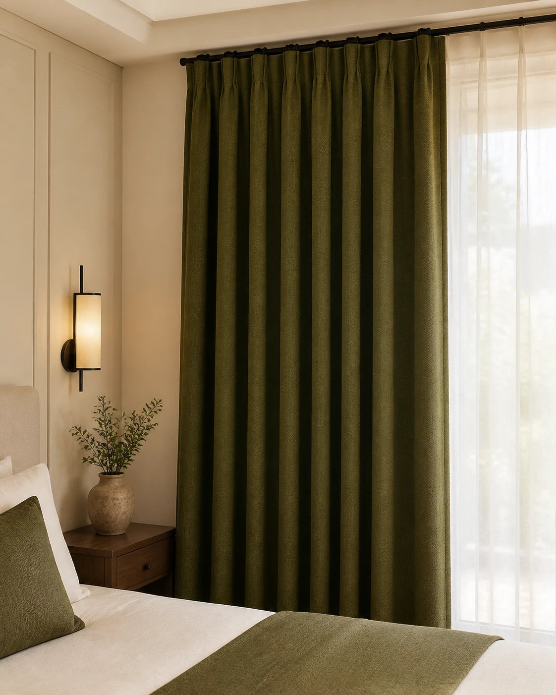 Olive blackout curtain in a calm bedroom