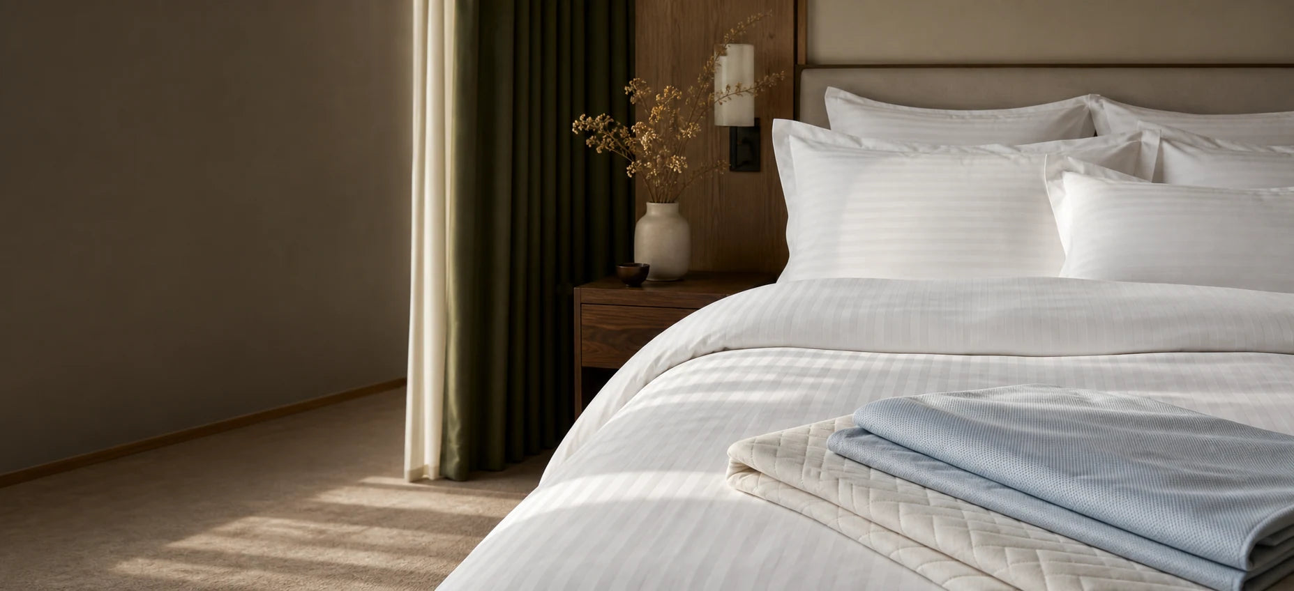 Hotel-inspired white bedding with cooling and protective textile layers