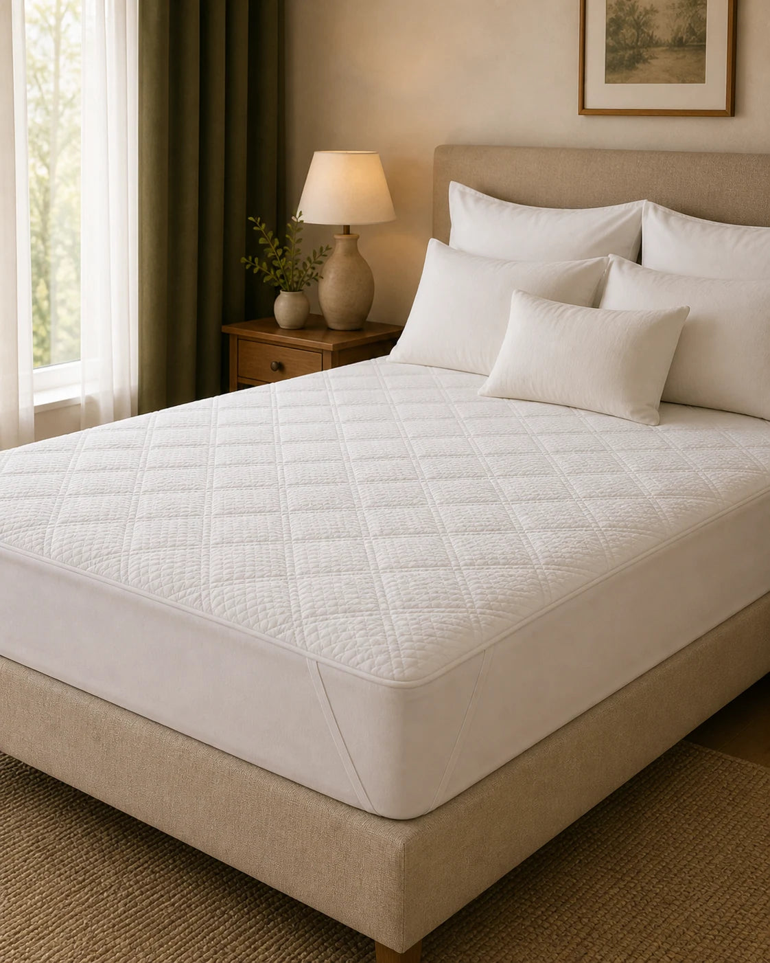 Ivory quilted mattress protector fitted neatly to a bed
