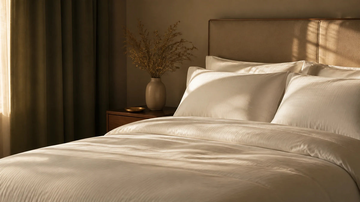 Warm hotel-style WEICH bedding in late afternoon light