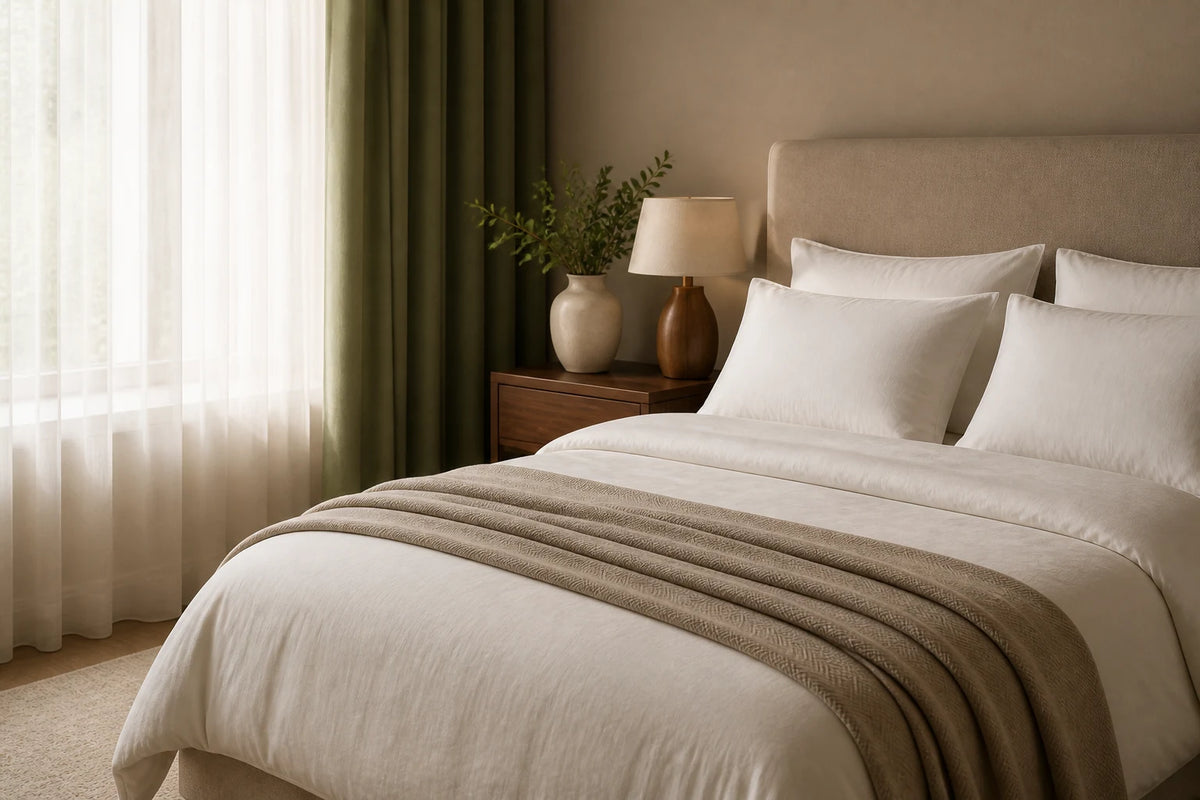 A calm bedroom with white bedding and olive curtains