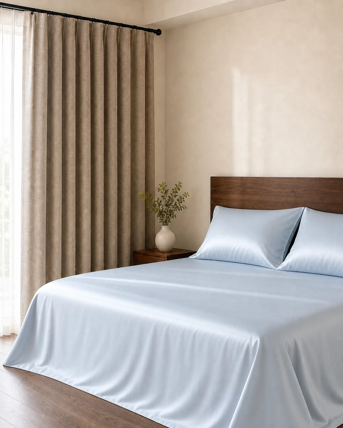 WEICH glacier-blue ice-silk bedding styled with cappuccino blackout curtains
