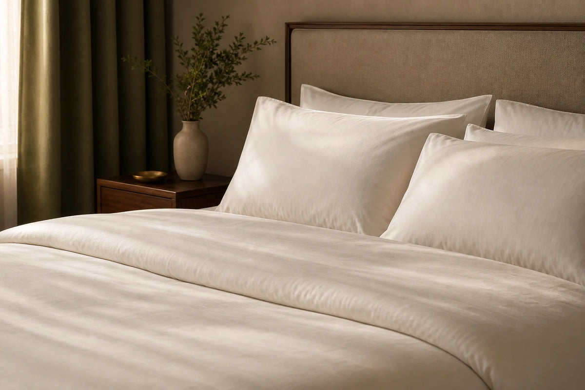 Warm white hotel bedding beside muted olive curtains